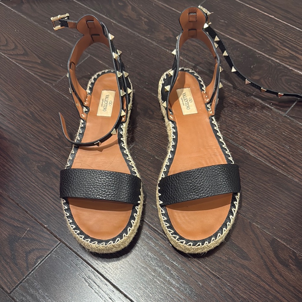 Valentino Garavani Black Leather Stud Espadrille Sandals